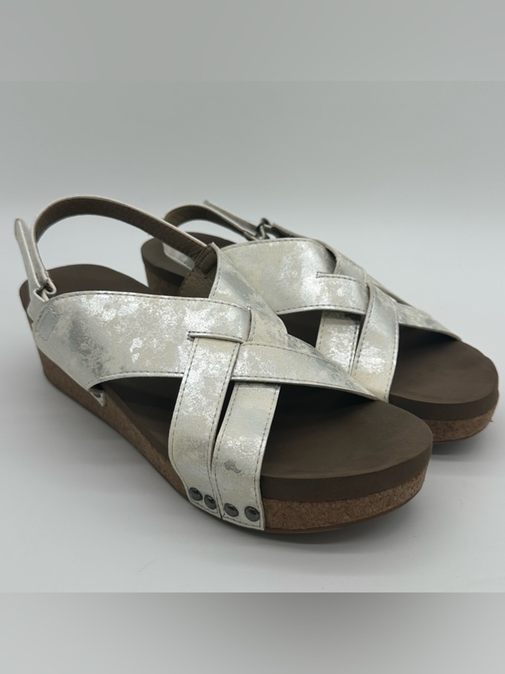 Corkys Wow Metallic Silver Crisscross Slingback Cork Wedge Sandals